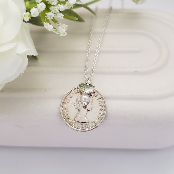 Sixpence necklace, Queen Elizabeth necklace, silver coin jewelry, British coin necklace, British gift for anglophile, wedding jewelry