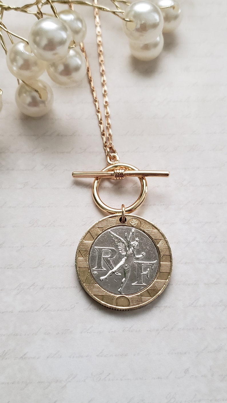 French coin necklace, front toggle gold necklace, centimes French coin necklace, birthday gift for Francophile, French gift for daughter image 9