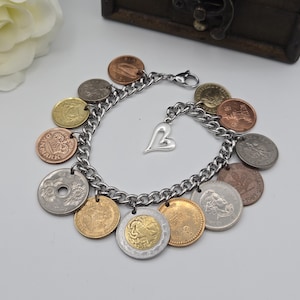 Coin bracelet, world coins, vintage coins, multi-colored bracelet, gift for coin collector, coin gift for mom, coin jewelry for women