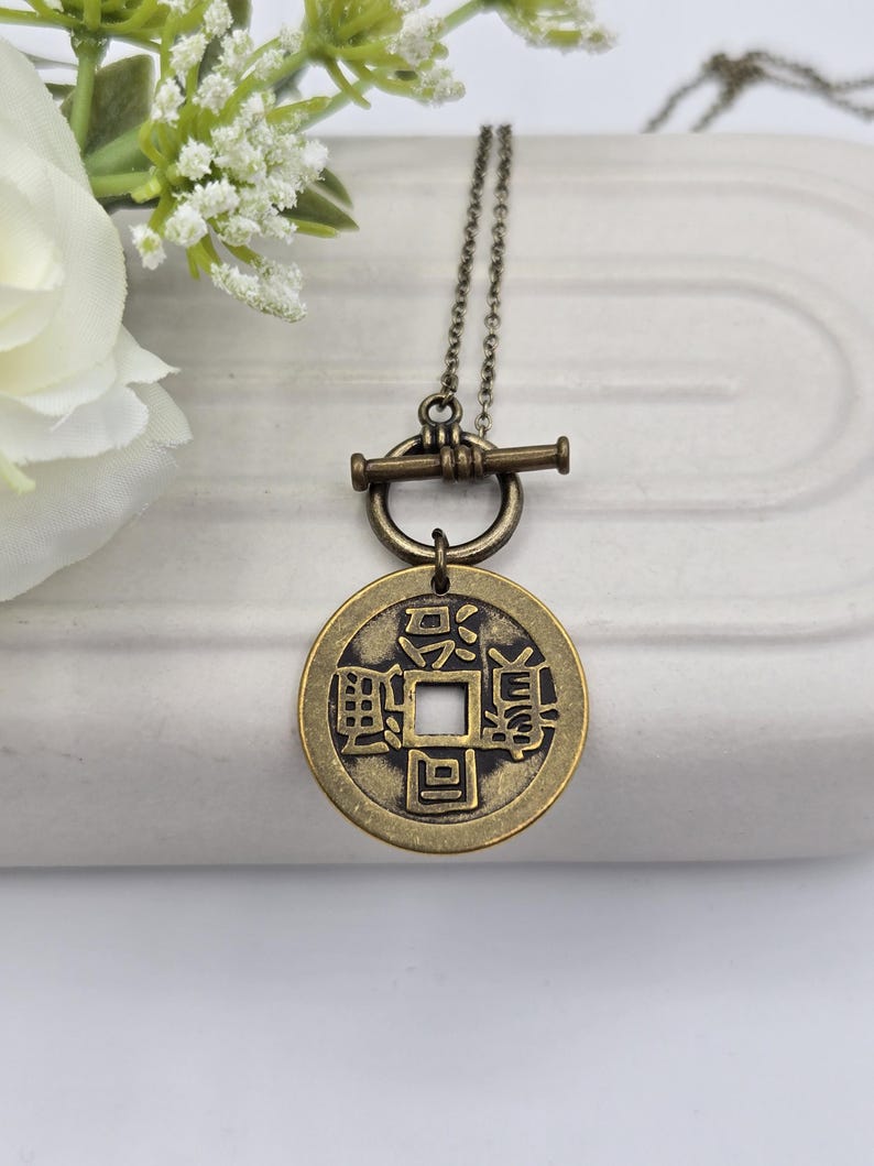 Chinese coin necklace, repurposed jewelry, antique bronze necklace, birthday gift for coin lover, good luck coin, antique bronze toggle front toggle clasp