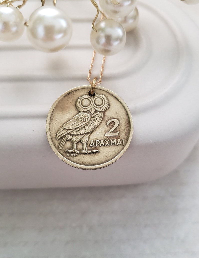 Owl necklace, Greek coin necklace, birthday gift for sister, Greek gift for mom, Owl of Athena necklace, wisdom jewelry, bimetallic coin Greek 2 drachma