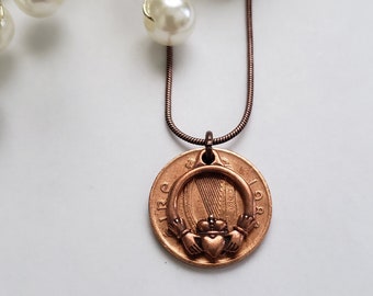 Irish Claddagh copper necklace, Irish coin jewelry, copper charm necklace, Irish gift for her, birthday gift for friend, friendship jewelry