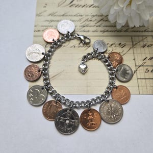 Vintage coin bracelet, coin charm bracelet, birthday gift for coin collector, silver and copper coin jewelry, birthday gift for mom
