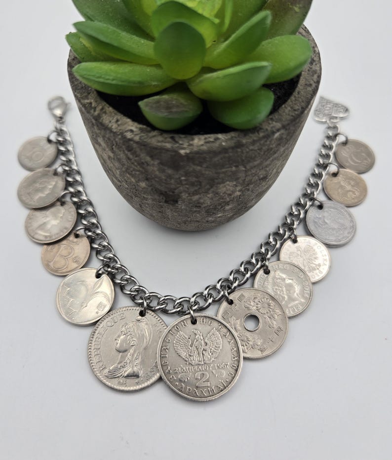 Vintage silver coin bracelet, repurposed coins, coin collector gift, birthday gift, authentic world coins, upcycled jewelry Bild 9