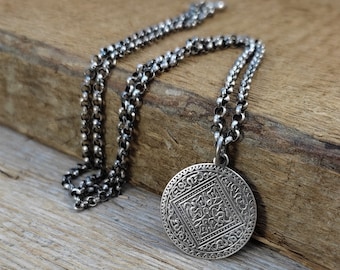 Oxidized Sterling Silver Coin Pendant Necklace - Rolo Chain