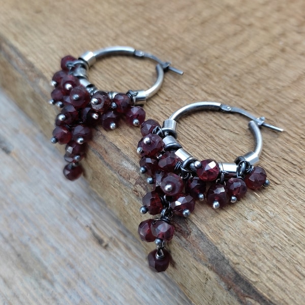 Earrings - oxidized sterling silver and garnet, Earrings with beads, Handmade jewelry, raw silver, raw stone, garnet. Cyber Sale 2023