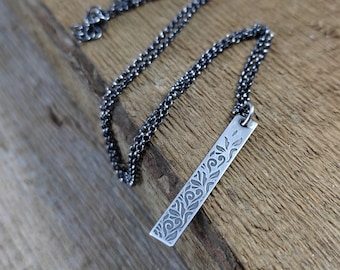 Oxidized Sterling Silver Pendant Necklace, Floral Etched Bar, Handmade Chain