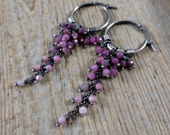 Earrings - oxidized sterling silver and ruby, Earrings with beads, Handmade jewelry, raw silver, discount Cyber Sale 2023