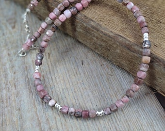 Necklace - sterling silver with rhodonite, gemstone, delicate necklace, handmade jewelry, natural stone, get of 20 % Cyber Sale 2023