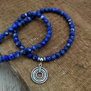 Necklace - oxidized sterling silver with lapis lazuli,  Handmade jewelry, gemstone lapis lazuli, Talisman, hoops pendant