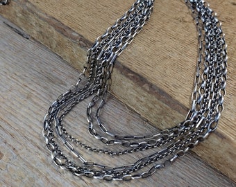 Oxidized Sterling Silver Layered Chain Necklace, Modern Silver