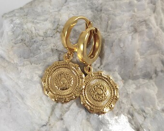 Gold Coin Hoop Earrings, Sterling Silver, 24k Gold Plated, Boho Style