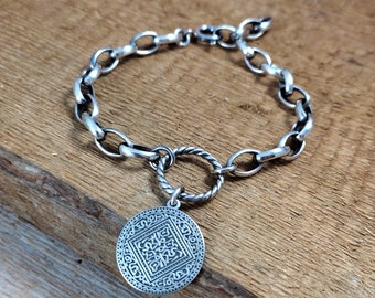 Massive bracelet with a pendant- oxidized sterling silver, handmade jewelry, raw silver, heavy thick rolo chain, Unisex,  Finished Chain