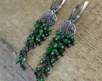 Earrings - oxidized sterling silver and diopside, Earrings with beads, Handmade jewelry, raw silver, raw stone, Leaf with diopside