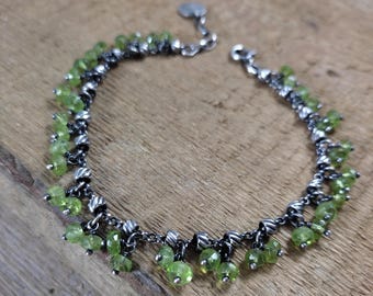 Bracelet - Argent sterling oxydé, péridot (olivine), pierres précieuses, bracelet fait main, bijoux