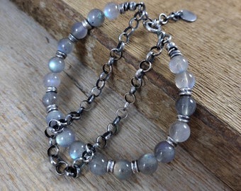 Bracelet - oxidized sterling silver and labradorite, gemstone, handmade jewelry, 925 Sterling Silver bracelet, raw silver