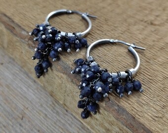 Oxidized Sterling Silver Sapphire Drop Earrings - Handmade Beaded Jewelry