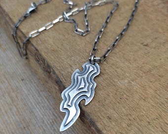 Oxidized Sterling Silver Necklace - Abstract Pendant, Rolo Chain