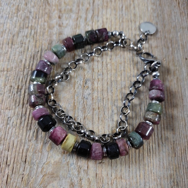 Bracelet - oxidized sterling silver and tourmaline, Handmade jewelry, 925 Sterling Silver bracelet with beads, raw silver Cyber Sale 2023