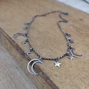 Delicate necklace - Oxidized sterling silver 925, Handmade jewelry, Moon and stars pendants