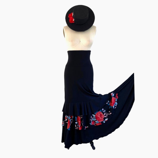 Flamenco Dance Mermaid Maxi Skirt Black Bright Red Rose Floral Stretchy Light Weight Ruffle Gypsy Bohemian Boho