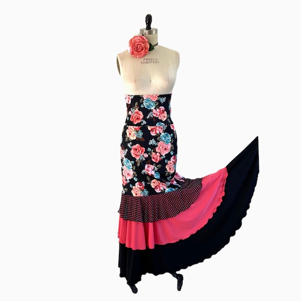 Flamenco Dance Mermaid Maxi Skirt Multi Color Black Coral Rose Floral Polka Dots 3 Ruffle Gypsy Bohemian Boho