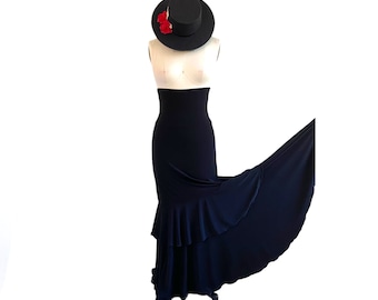 Black Flamenco Skirt, Mermaid Double Ruffle Maxi Skirt, Dance Costume