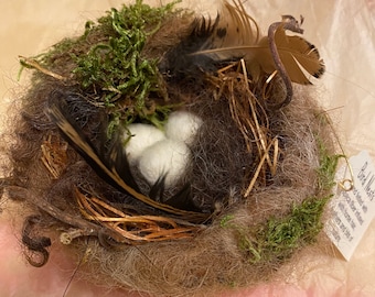 Handmade Needle Felted Bird Nest with Eggs, Rustic Farm Decor