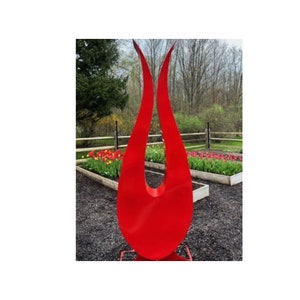 Abstract Tulip sculpture, hand made from steel and powder coated.  Tulip bulb yard art, 8 foot tall, red tulip garden statue