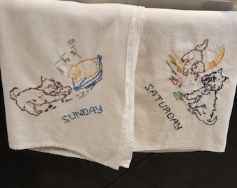 Vintage Flour Sack Towels Hand Embroidered with Scottie Dog and Cat, Set of 2, Days of The Week Saturday and Sunday