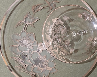 Two Silver Overlay Floral Platters, Vintage Silver City Co