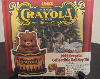 1992 Crayola Crayons Holiday Collectors Tin with 64 count Crayon Box and Ornament