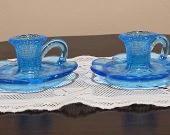 Pair of Kemple Art Glass Narcissus Pattern Blue Glass Candle Holders.
