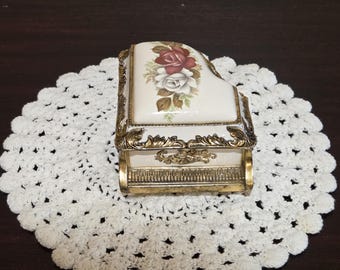 Porcelain Grand Piano-Shaped Trinket Box with Floral Decoration and Gold-Tone Trim.