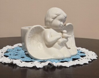 Glazed Ceramic Cherub Planter Holding a Bird