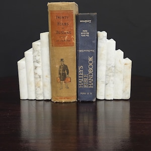 May include: A pair of white marble bookends with a stepped, tiered design flanking two vintage books. The left book is tan with the title Twenty Years of Hustling and a graphic of a person. The right book is dark blue with the title Halley's Bible Handbook.