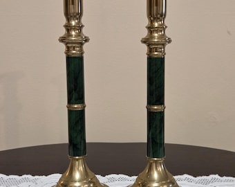 Pair of Vintage Brass and Faux Malachite Candlestick Holders