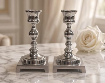 Pair of Vintage Chrome / Silver Tone Candlestick Holders