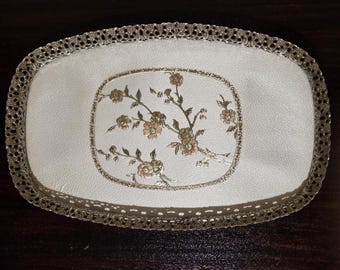 Gold Tone Filigree Pink & Gold Foil Floral Glass Vanity Dresser Tray - Hollywood Regency