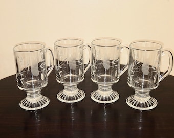 Princess House Heritage Etched Glass Footed Irish Coffee Mugs set of 4
