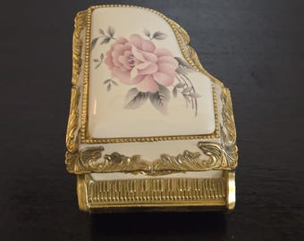 Porcelain Grand Piano Music Box with Hand-painted Rose and Gold Trim.