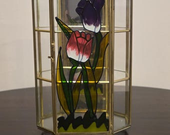 Brass and Stained Glass Display Case with Tulip Motif