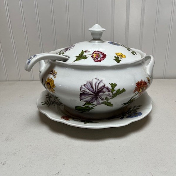 Vintage Cordon Bleu Large Soup Tureen W/ Lid Ladle Serving Dish Floral Pattern