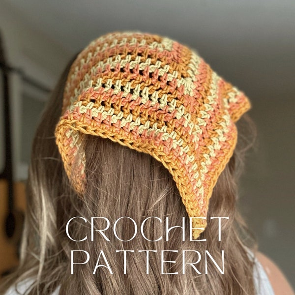 Boho Crochet Bandana Pattern, Hippie Hair Accessories, Cottagecore Kerchief Hair Tie Scarf, Nostalgic Stripes Bandana
