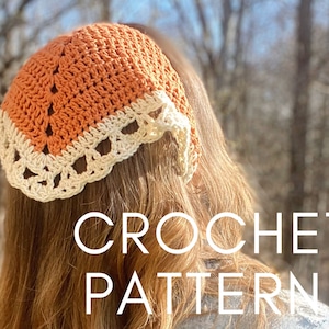 May include: A crochet pattern for a crocheted hat with a white and orange color scheme. The hat is crocheted in a delicate lace pattern. The text "CROCHET PATTERN" is visible in the image.