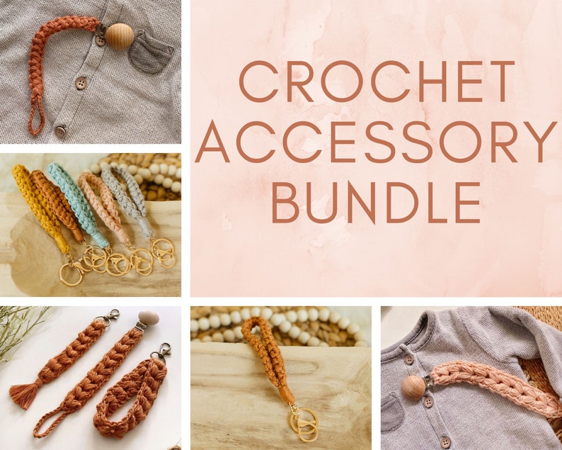 May include: A set of crocheted accessories for babies and children. The set includes a pacifier clip, a teether, and a keychain. The accessories are made in a variety of colors, including beige, brown, and light blue. The text "CROCHET ACCESSORY BUNDLE" is displayed on a pink background.