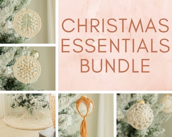 May include: A set of crocheted Christmas ornaments, including a tree, snowflake, and ball ornament. The ornaments are white with a natural beige color and are hanging on a Christmas tree. The text "Christmas Essentials Bundle" is displayed on a pink background.