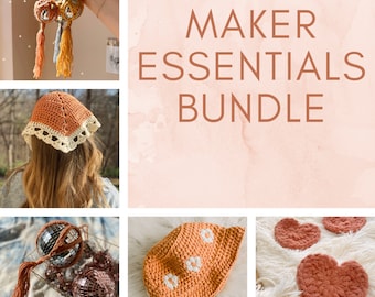 Crochet Pattern Bundle | Maker Essentials, 5 Crochet Patterns in 1, Trendy Disco Hanger, Flower Bucket Hat, Boho Crochet Bandana