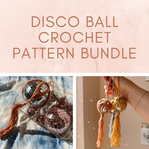 May include: A crochet pattern bundle for making disco ball ornaments. The image shows three crocheted ornaments with a mirrored surface and tassels. The ornaments are hanging from a hand.