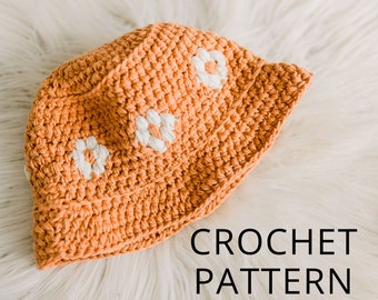 Crochet Bucket Hat Pattern, Floral Daisy Crochet Floppy Brim Sun Hat, Bucket Full of Posies Hat